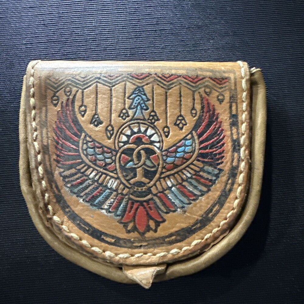 Vintage Embossed Leather Wallet Coin Change Purse Maya Egyptian